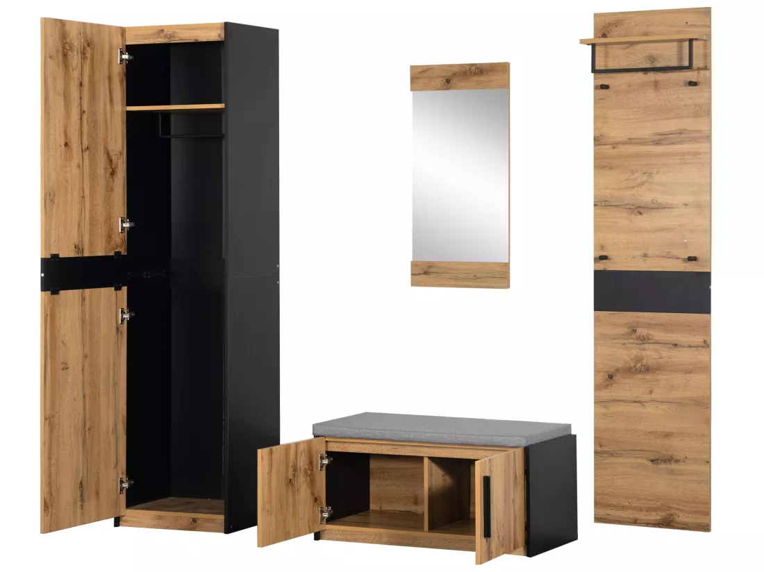 Vestiaire d'entrée avec miroir, armoire et banc à chaussures - Naturel foncé