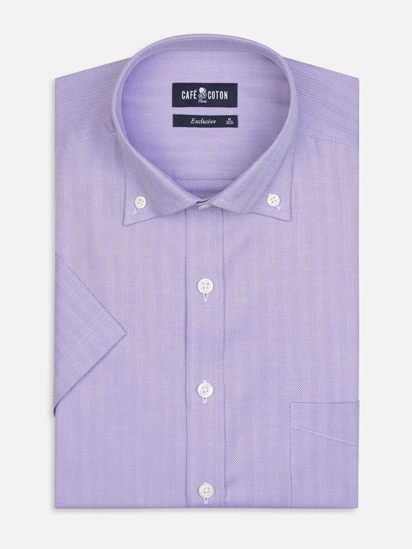 Chemise manches courtes en Chevron parme - Col Boutonné