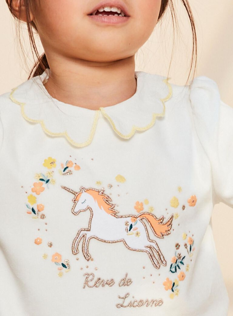 Pyjama en velours écru à motif licorne
