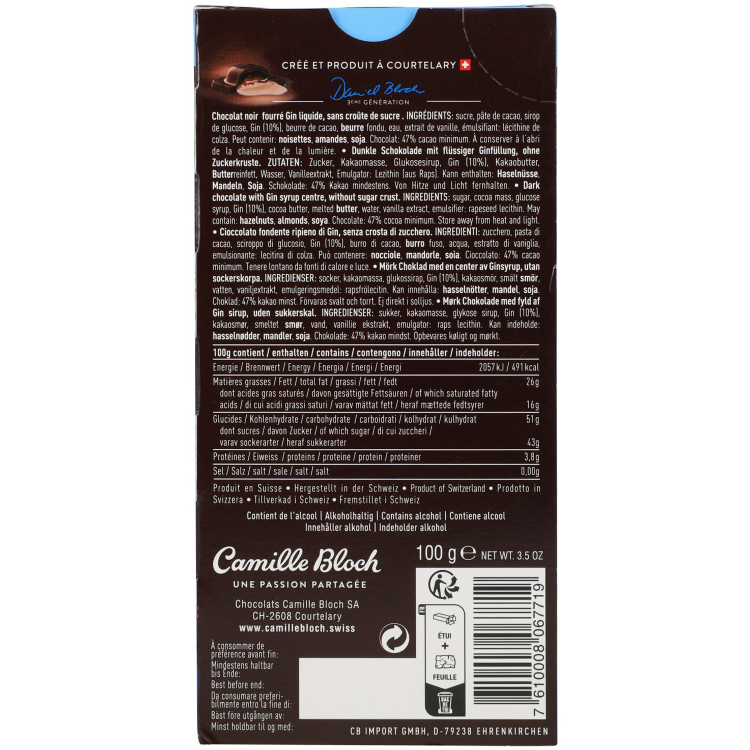 Camille Bloch Gin Noir Schokoladentafel