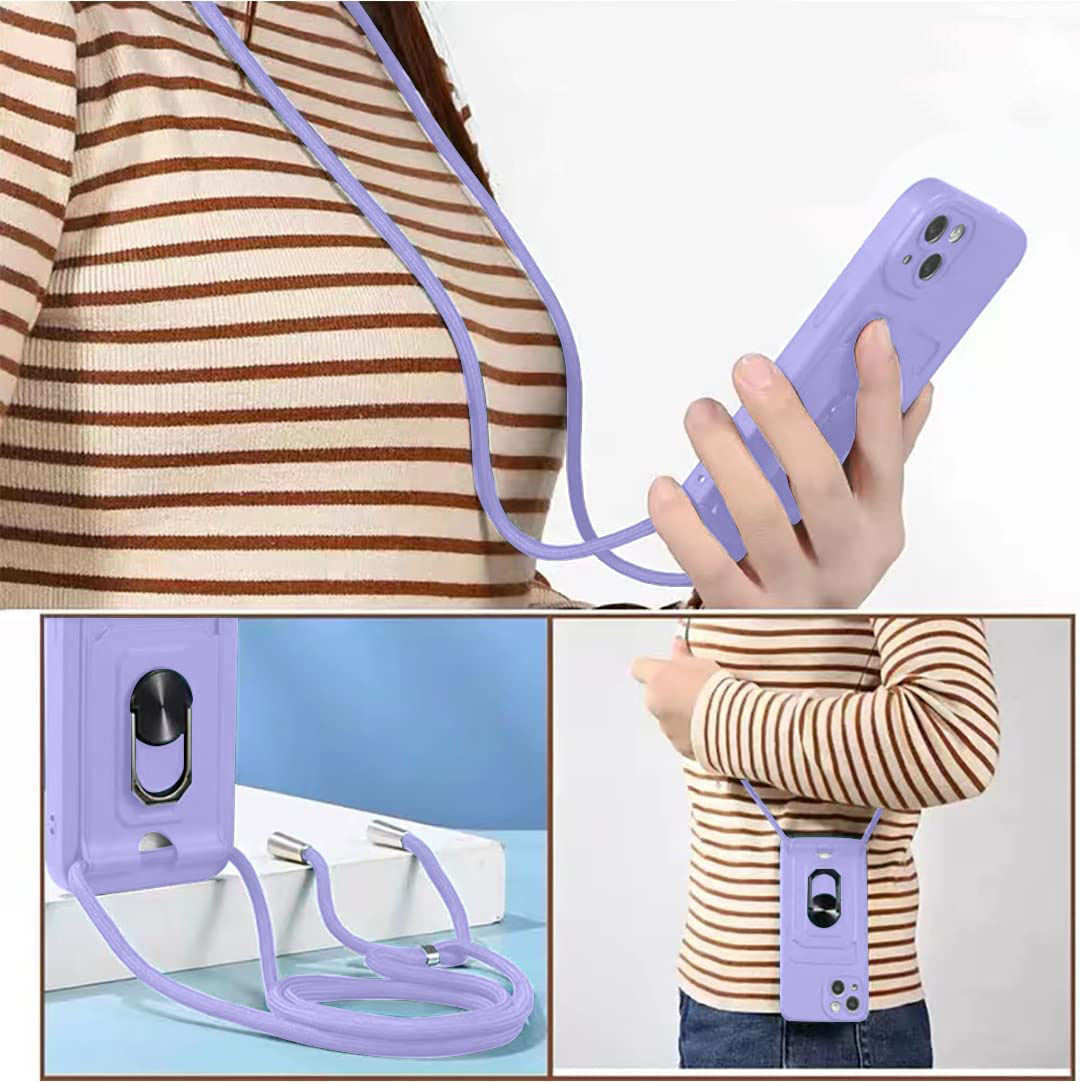 iPhone 12 Pro Necklace Leder Hülle mit Kartenfach   Kickstand Haltering   Handykette (140cm)   Cam-Slider Kameraschutz - Lila