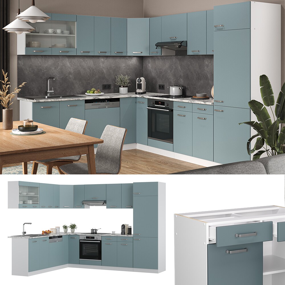 Vicco Eckküche R-Line Solid Weiß Blau Grau 287x227 cm Arbeitsplatte modern Küchenschränke Küchenmöbel