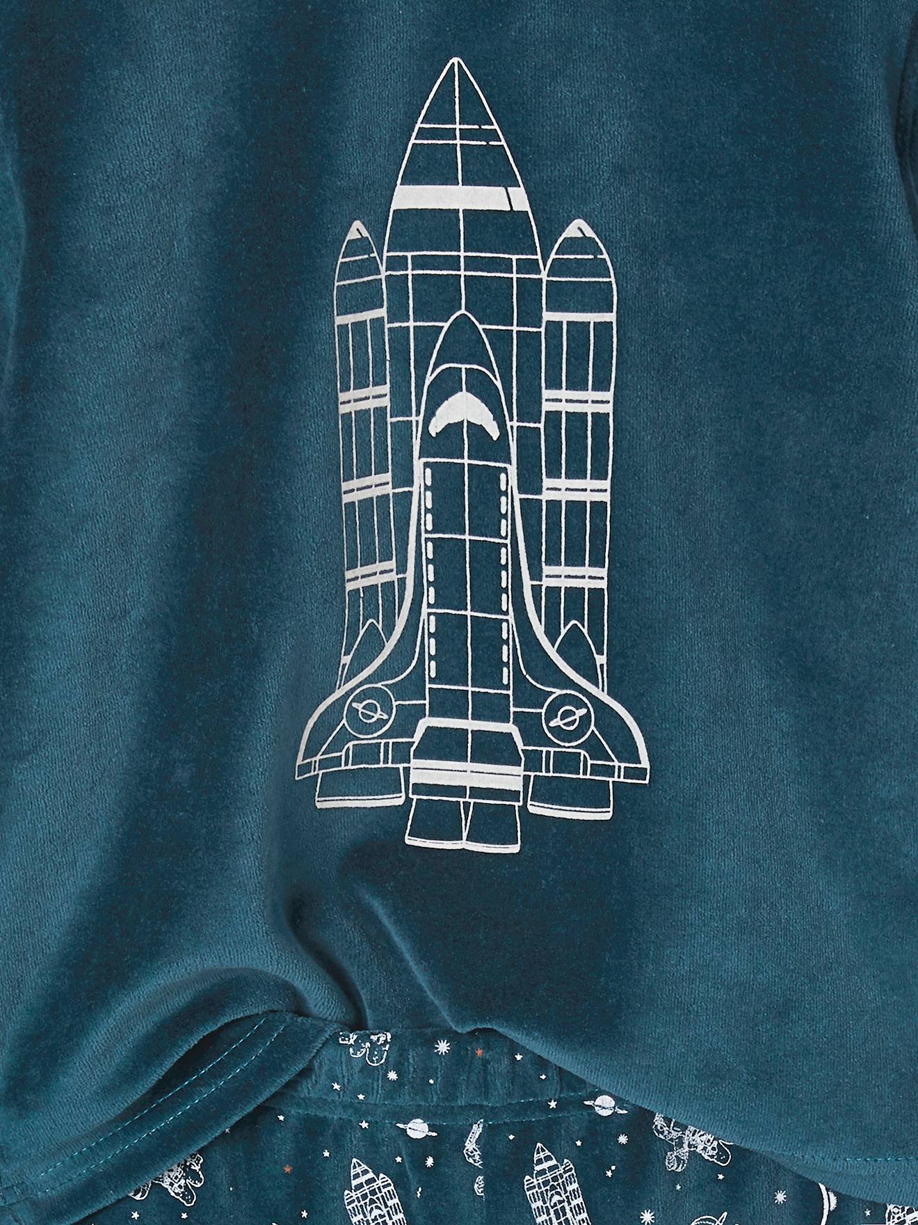 Pijama de veludo azul-petróleo com foguete que brilha no escuro para meninos