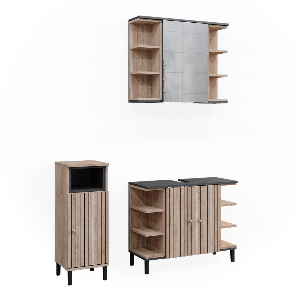 Vicco Badmöbel-Set Aquis, Sonoma Anthrazit, Badezimmer, moderne Badserie, Waschtischunterschrank, Spiegelschrank, Midischrank