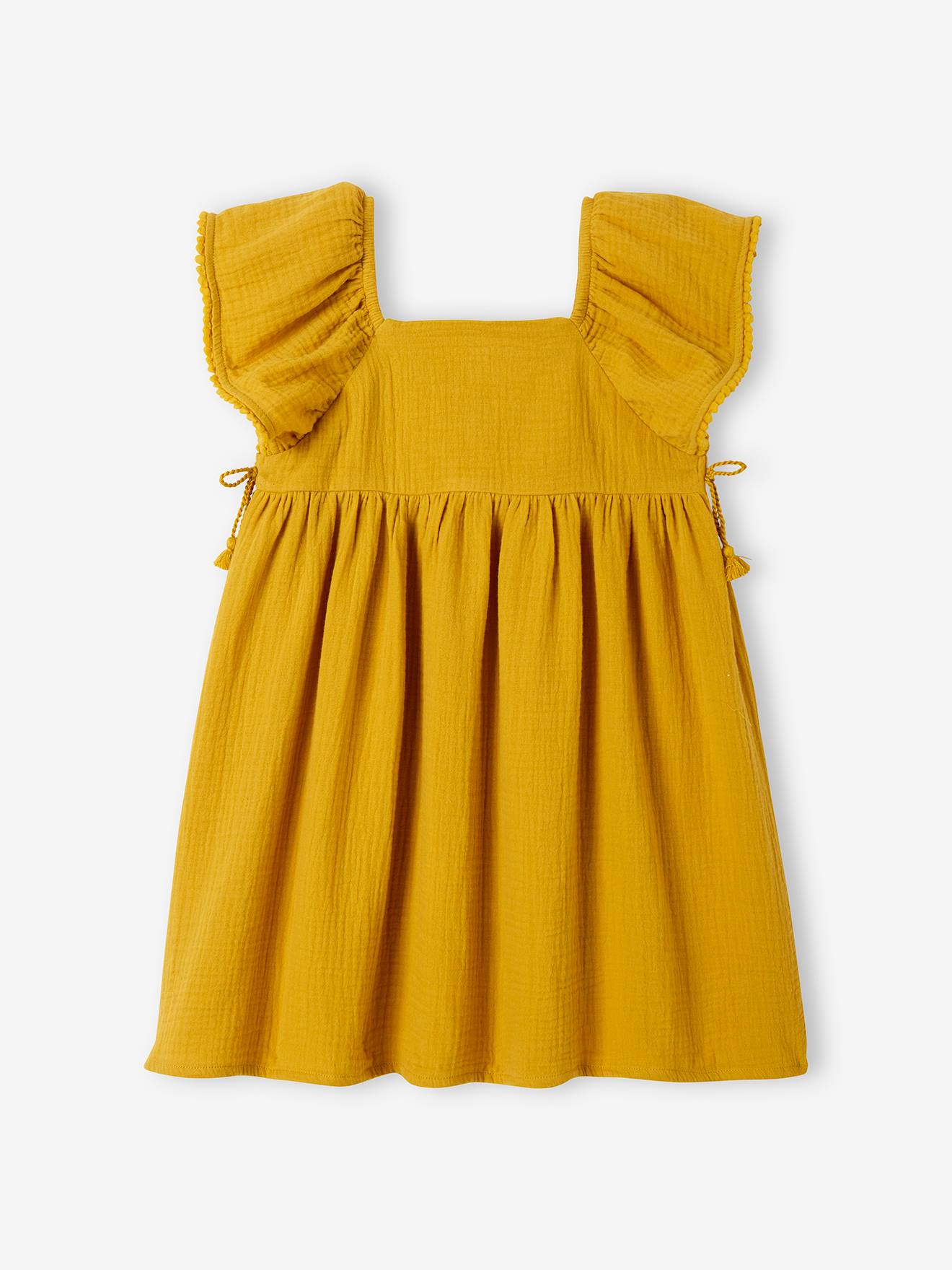 Vestido de chiffon de algodão para meninas, amarelo liso tamanho médio