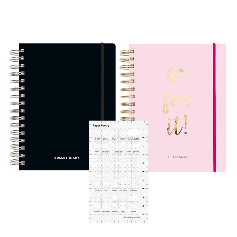 2 agendas bullet journal rose et noir à spirales 96 feuilles + pochoir icônes bureau