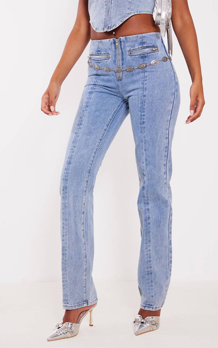 Light Blue Wash Jean Droit Taille Moyenne Avec Détails Zippés Coupe Tall
