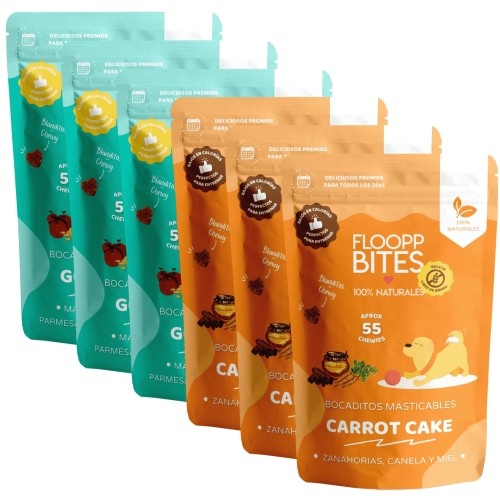 FlooppBITES petiscos macios e naturais com sabor de bolo de cenoura e vegetais para cães.