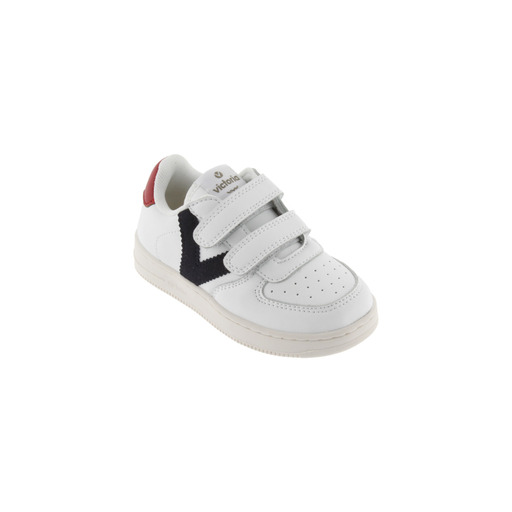 Tênis Victoria Tiempo em couro sintético com logo, parte traseira colorida e fecho de velcro.
