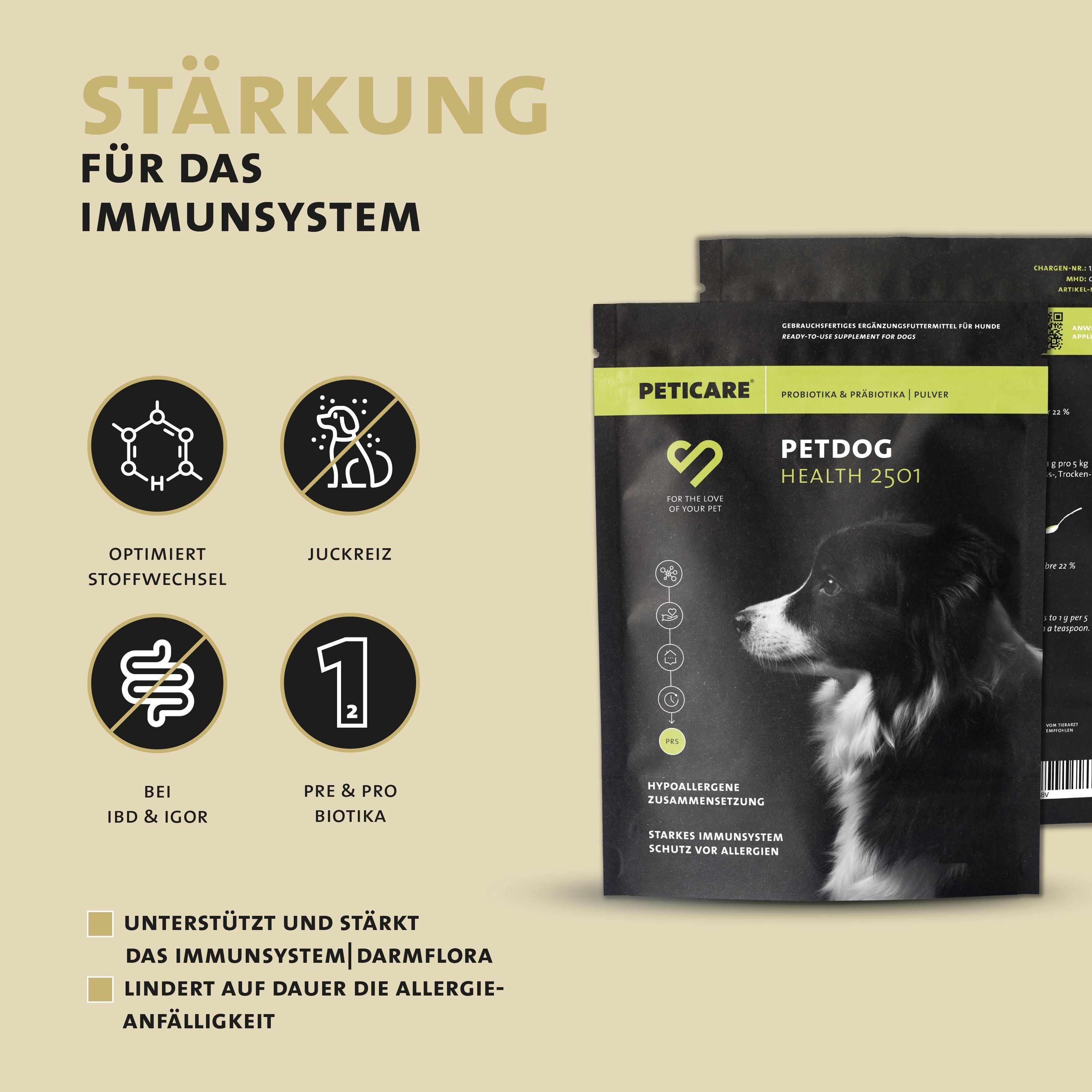 Peticare Probiotika & Präbiotika Pulver für Hunde, Darm-Sanierung, Darmflora