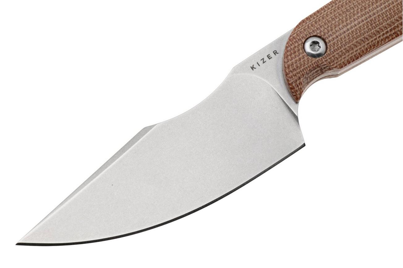 Kizer Harpoon Mini 1040S7, Satin AEB-L, Brown Micarta, vaststaand mes, Maverick Customs design