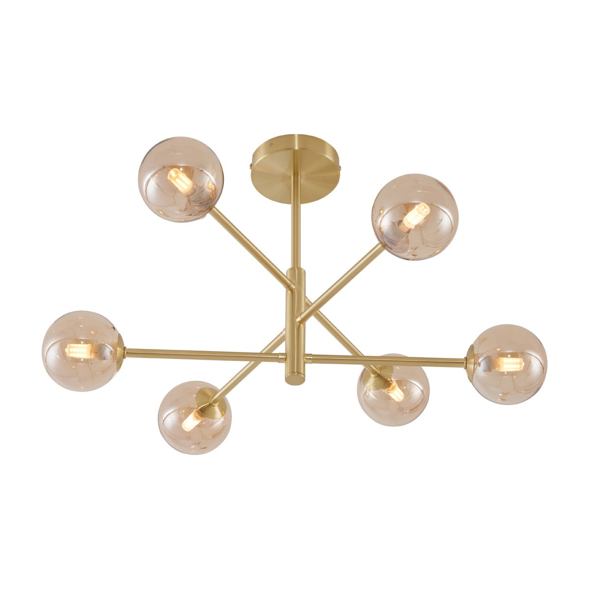 Moderne plafondlamp messing met amber glas 6-lichts - Ryan