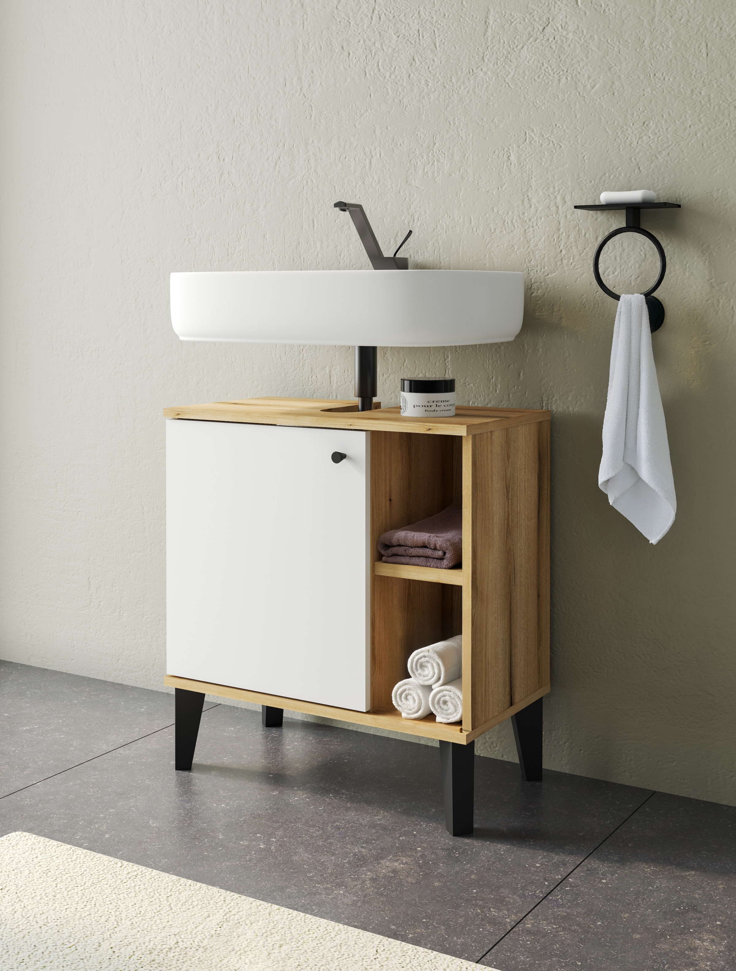 INOSIGN Waschbeckenunterschrank »Oslo, Waschtisch mit Knopfgriff, Badschrank im skandinavischen Design« in der Türfarbe Weiss oder Grau verfügbar, ausreichend Stauraum