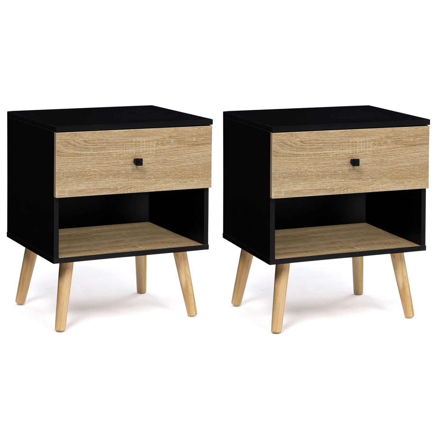 Lot de 2 tables de chevet EMMIE scandinaves 1 tiroir avec niche noir et hêtre