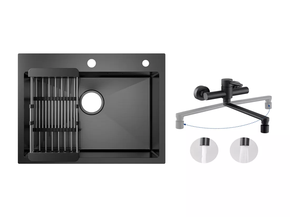 Évier Cuisine 1 Bac 60×45×18CM Évier Inox Noir avec Panier de Drainage + Mitigeur de Cuisine Mural avec 2 Jets Noir