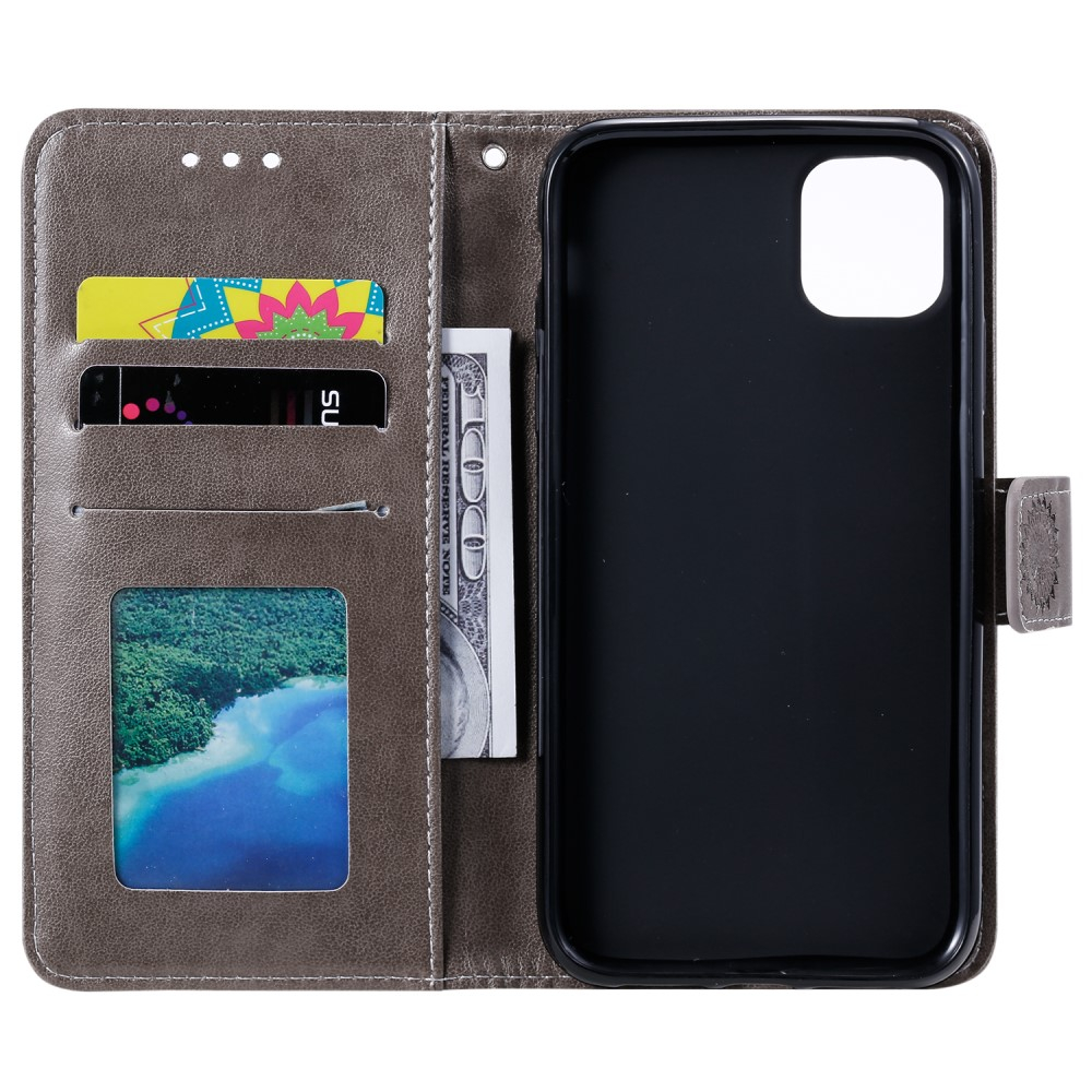 iPhone 13 Leder Tasche Wallet - Mandala Flowers Imprint - Grau
