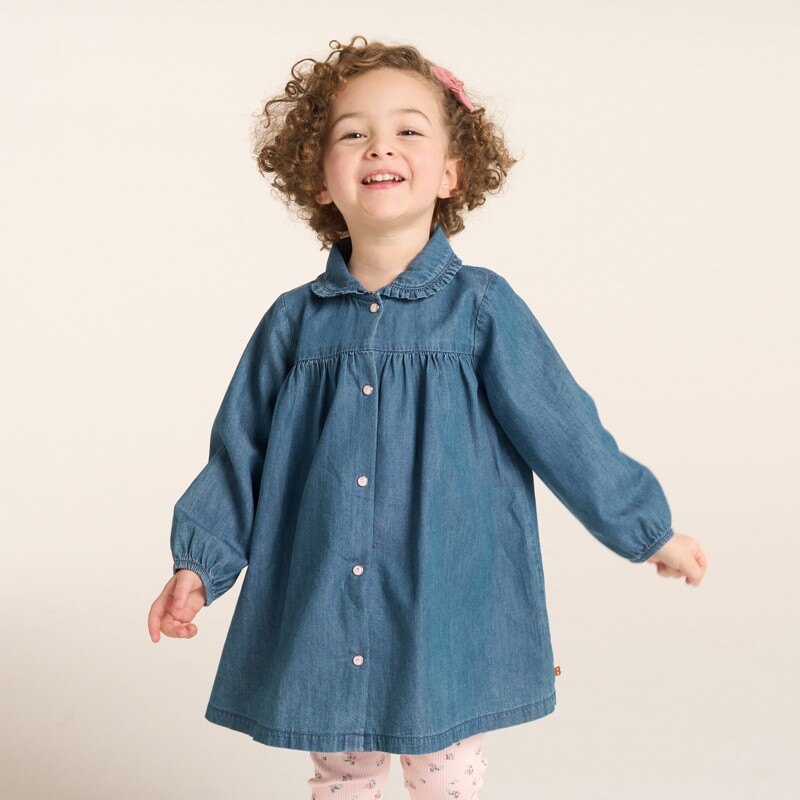 Robe denim léger et legging côtelé fleuri bébé fille Bleu