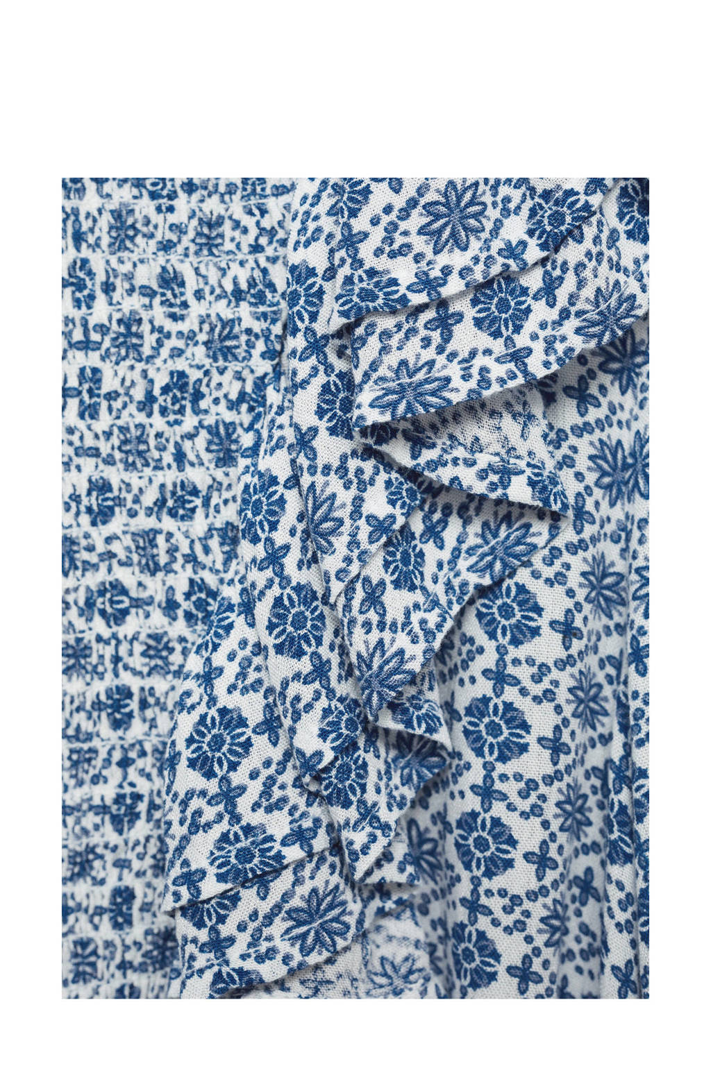 MANGO TEEN top met all over print en ruches blauw/wit