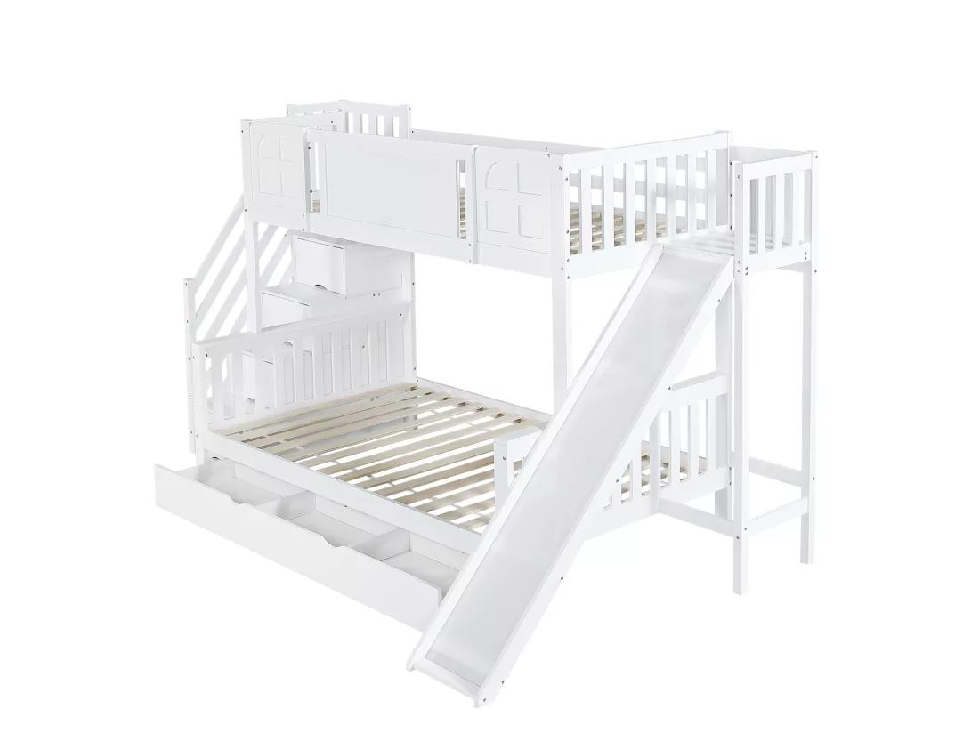 Lit superposé enfant 90x200 cm - avec fenêtre - avec toboggan enfant - tiroirs sur roulettes - escalier avec rampes - bois massif + MDF - blanc (sans matelas)