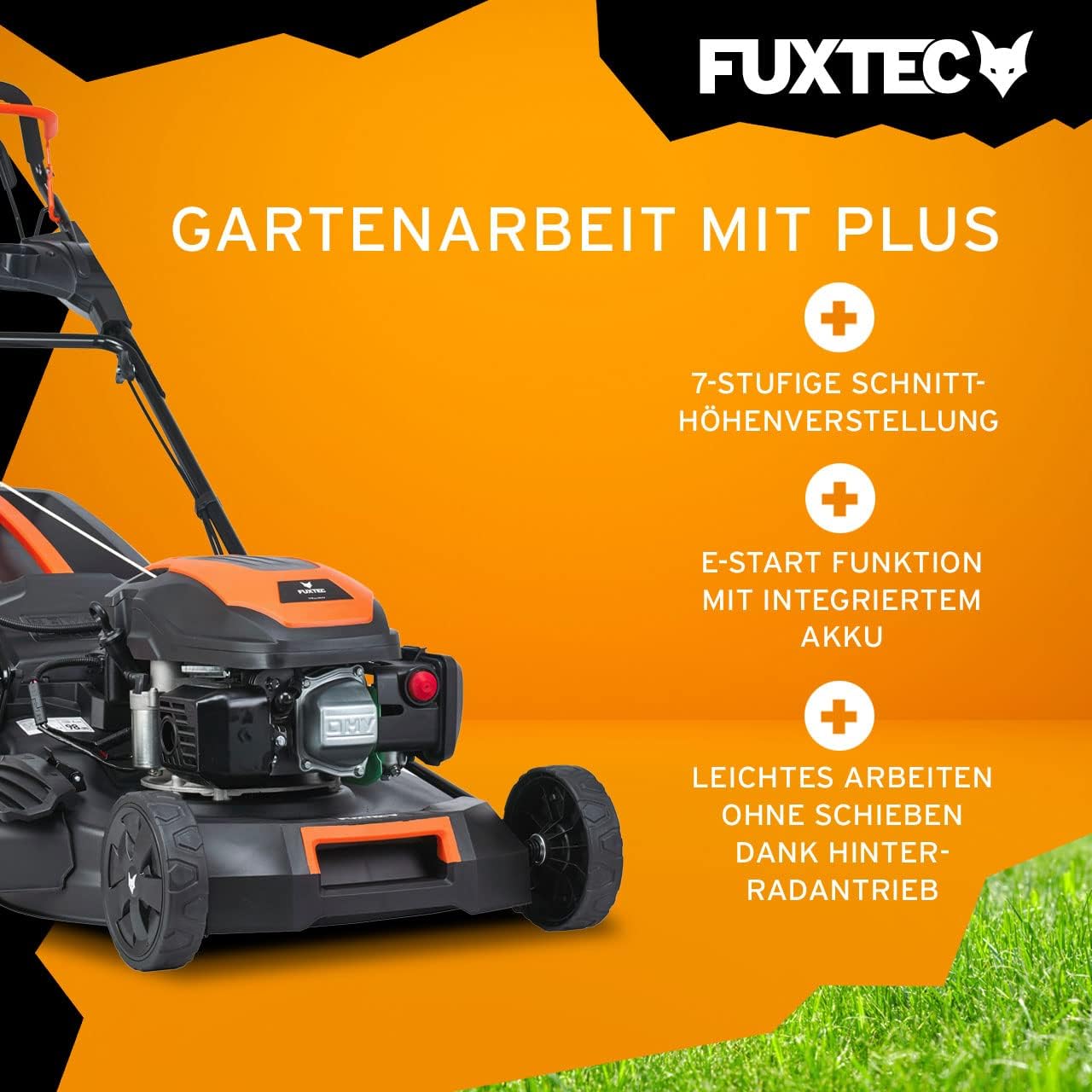 FUXTEC 4in1 Benzin Rasenmäher FX-RM5170eS mit E-Start, Gartenmäher inkl. Seitenauswurf-Funktion, 51 cm Schnittbreite, 4-Takt mit Hinterradantrieb, kugelgelagerte Big Wheel Räder, 60L Grasfangkorb