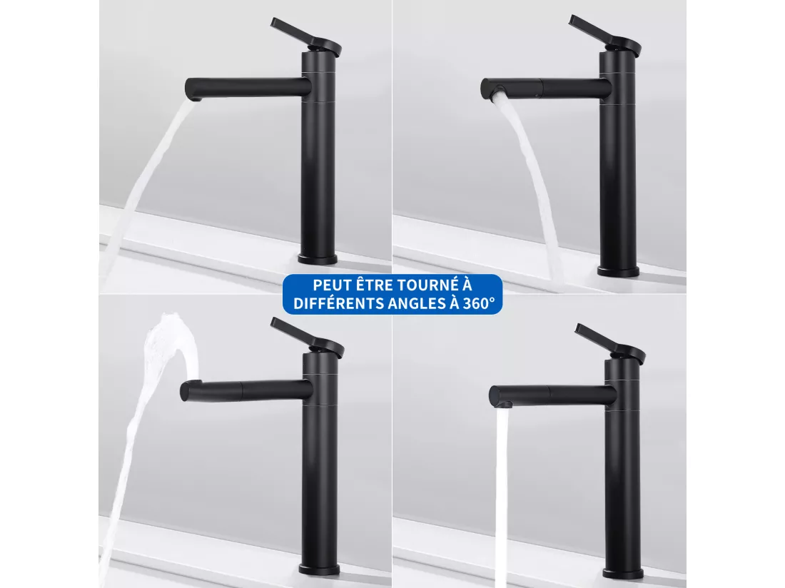 Noir Robinet Salle de Bain Mitigeur pour Vasque Haut Bec Pivotant 360° Robinetterie de Lavabo en Acier Inox Design Moderne