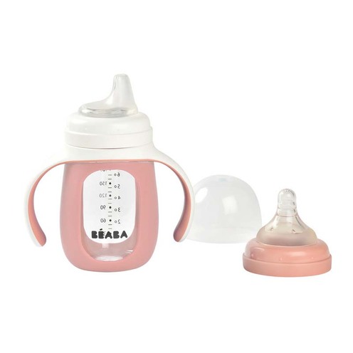 Biberon verre d'apprentissage 2en1 + housse silicone Old Pink - BEABA