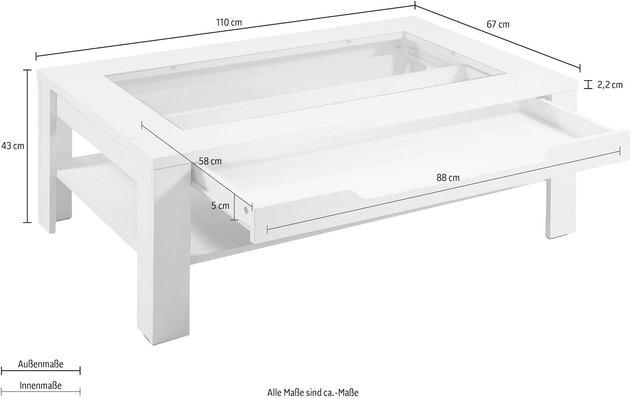 byLIVING Couchtisch »Ralph« Breite 110 cm, mit Glaseinsatz und Schubkasten