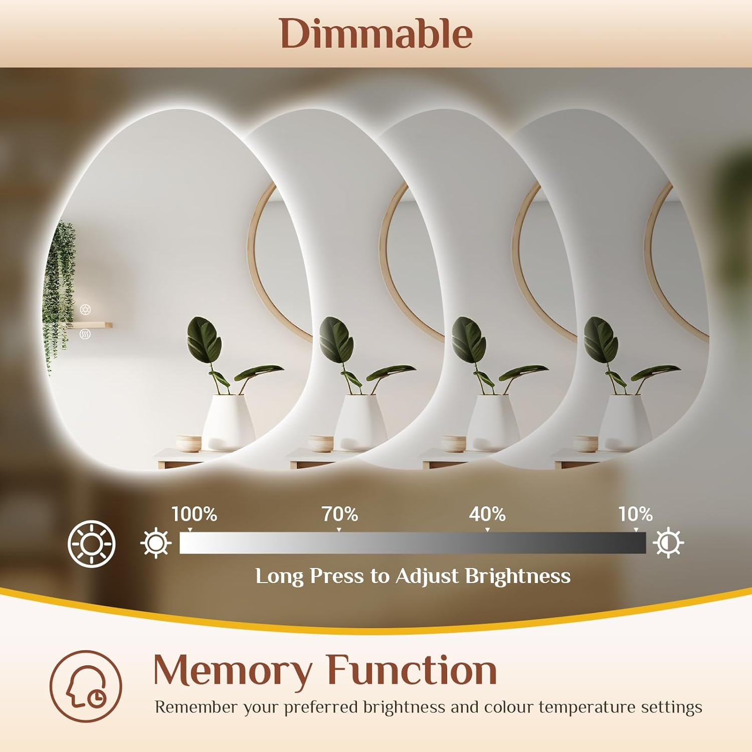 Clevich Badspiegel mit Beleuchtung Asymmetrisch 80×60 cm, LED Spiegel mit 3 Lichtfarben dimmbar, gehärtetes Glas, Touch-Schalter, Memory-Funktion, beschlagfrei, moderner Badezimmerspiegel mit Licht