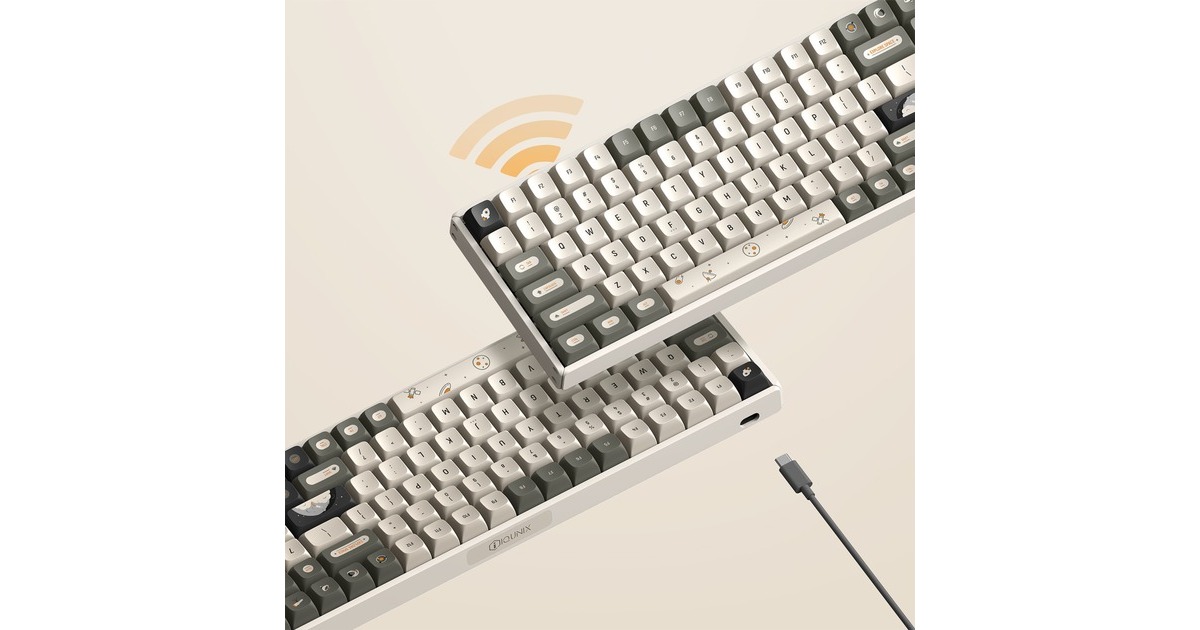 IqunixF97 Hitchhiker Wireless Mechanical Keyboard, gaming toetsenbord  (Grijs/wit, US lay-out, Cherry MX Brown, RGB leds, 96%, Hot-swappable, PBT, 2.4GHz | Bluetooth 5.1 | USB-C)