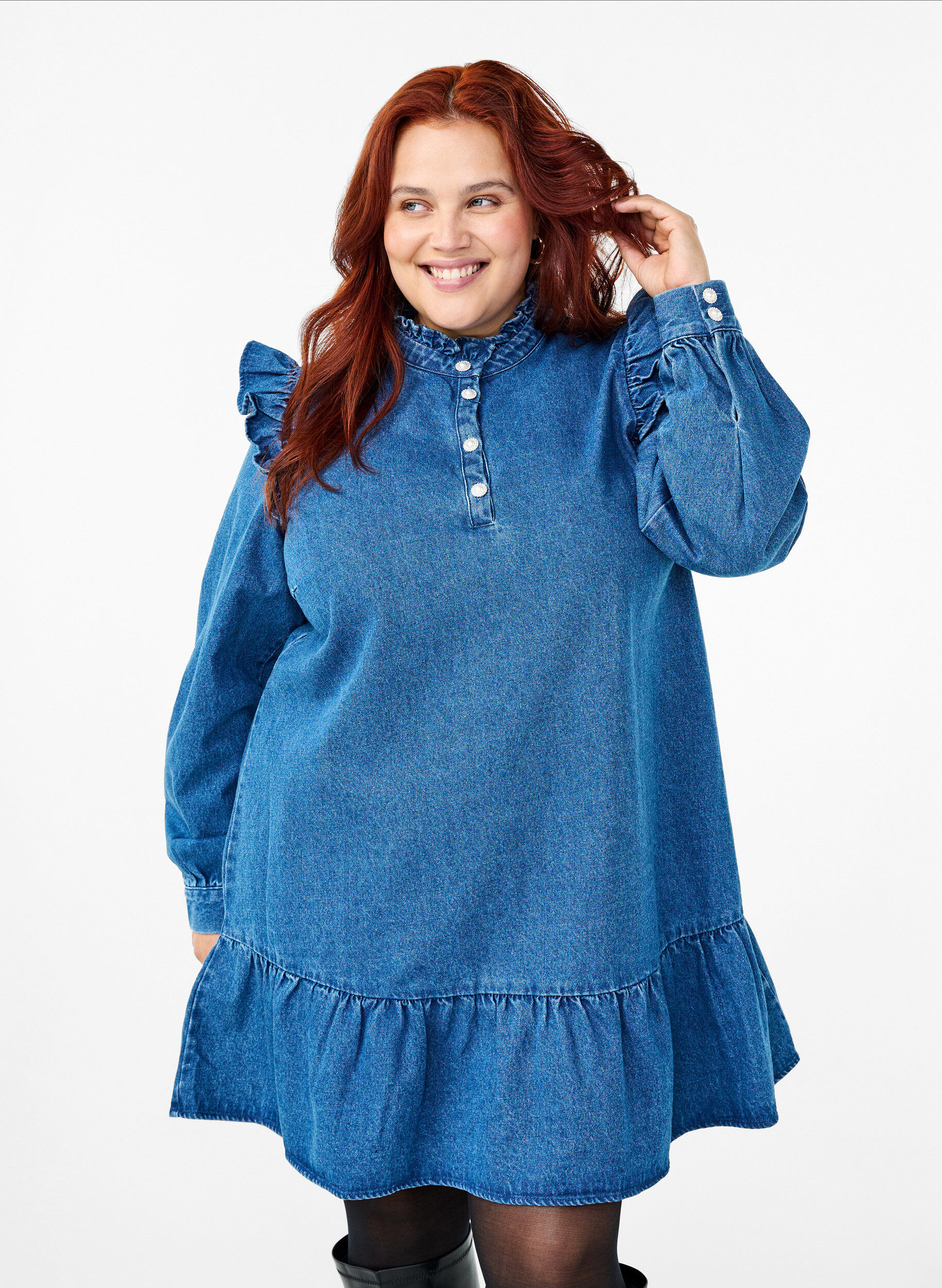 Denimkjole med flæser og a-snit