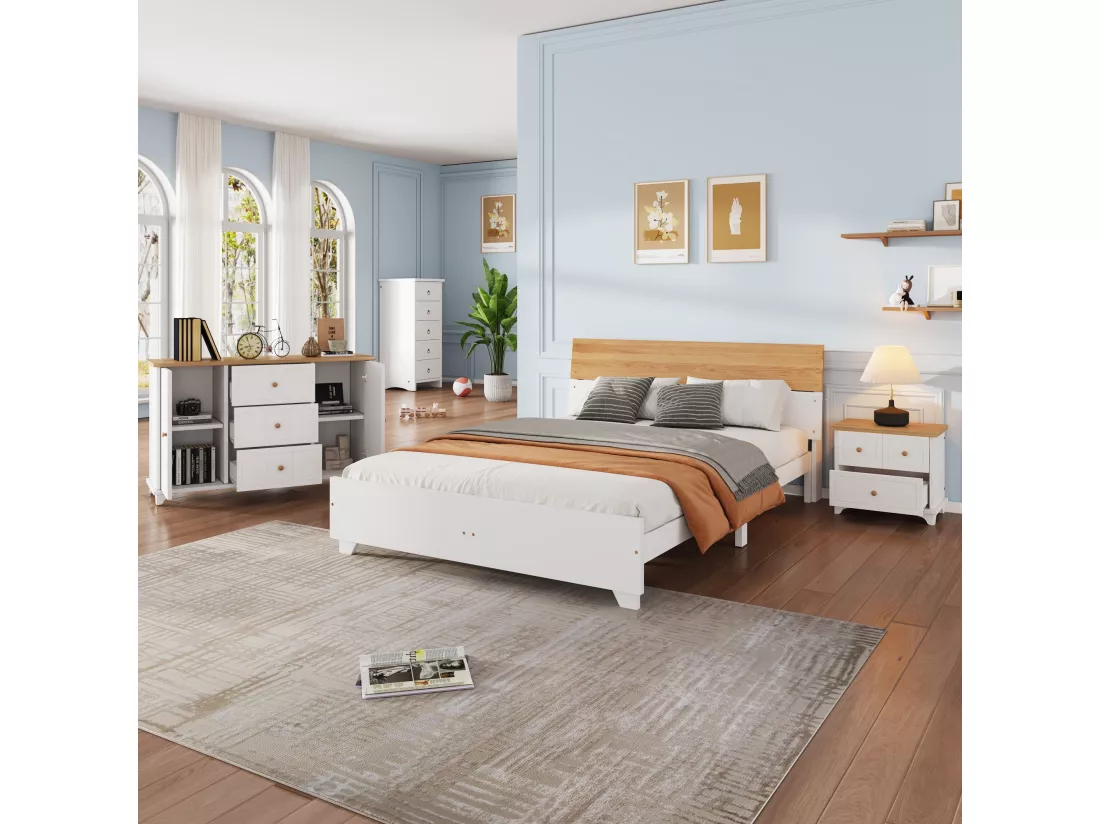 Ensemble chambre complet - lit adulte 160 x 200 cm avec table de chevet + commode - Pin+MDF - blanc + naturel