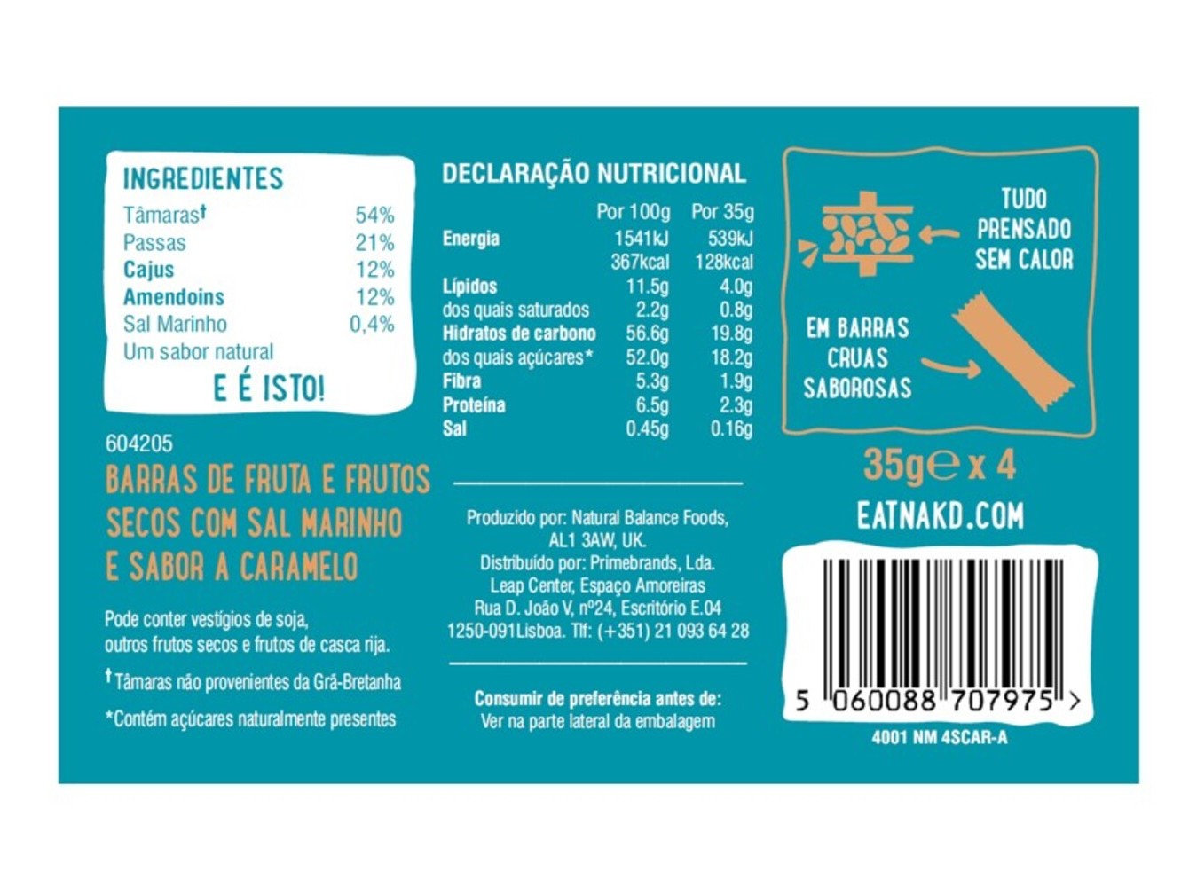 BARRAS NAKD CRUAS FRUTA E CARAMELO SALGADO 4X35G