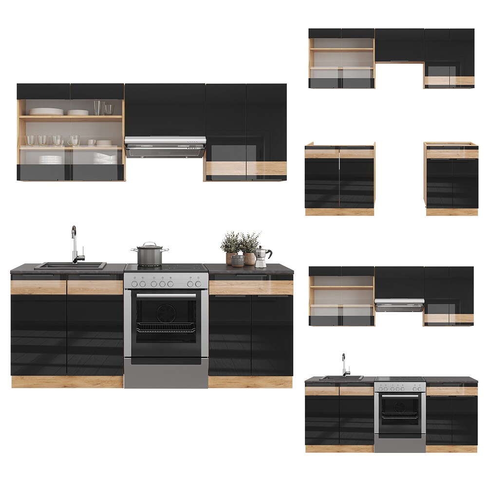 Vicco Küchenzeile Küchenblock Einbauküche Fame-Line Eiche Schwarz 200 cm modern Hochglanz Küchenschränke Küchenmöbel