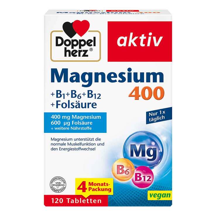 Doppelherz Magnesium 400 + B1 + B6 + B12 + Folsäure Tabletten , 120 St