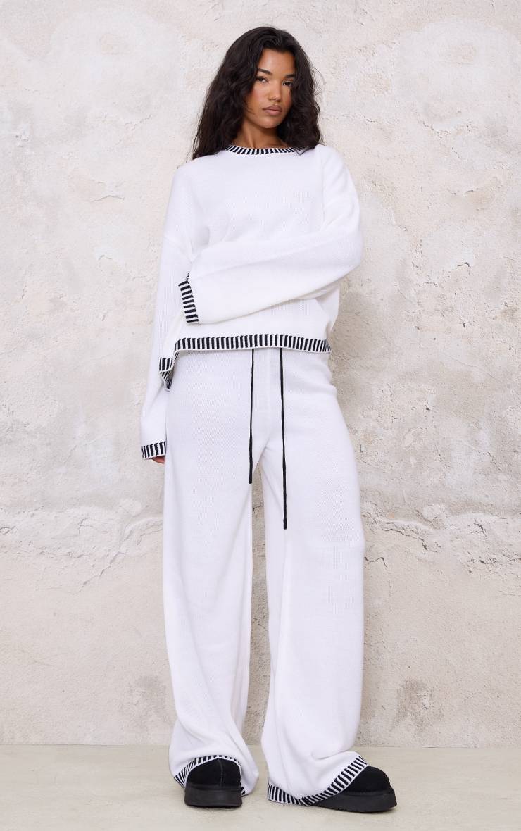 Blanc Pantalon En Maille À Taille Cordon Avec Détails De Coutures Contrastées