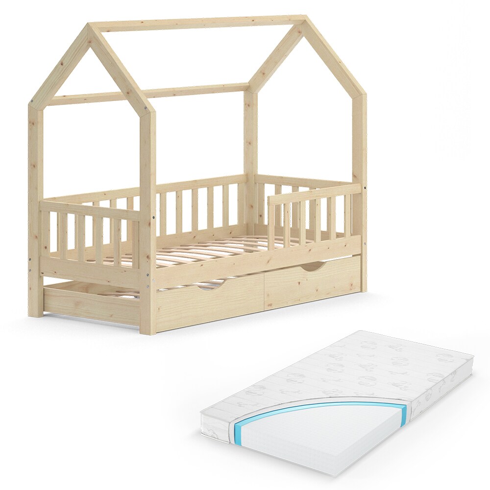 VitaliSpa Kinderbett Hausbett Gästebett Wiki Natur 80x160cm Schublade Matratze