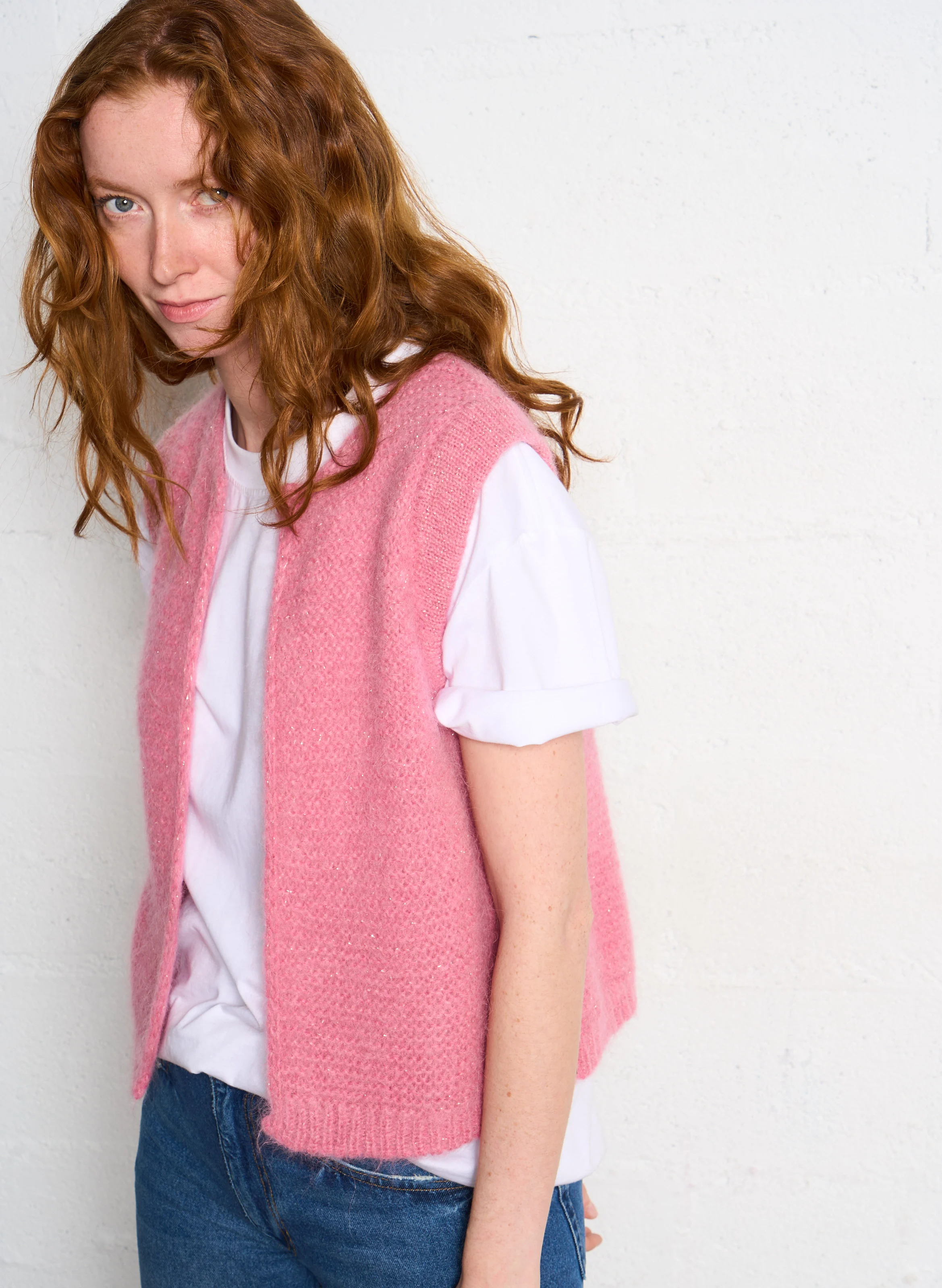 GOTANAX - Gilet col rond droit en maille | Rose