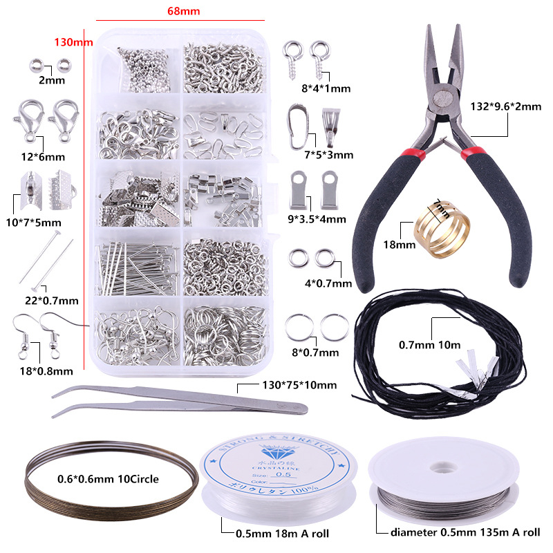 (9-tlg. Set) Edelstahl Schmuck Herstellungs / Reparatur Kit DIY Zubehör inkl. Verschlüsse (600 Stück) für Ohrringe   Ketten - Silber