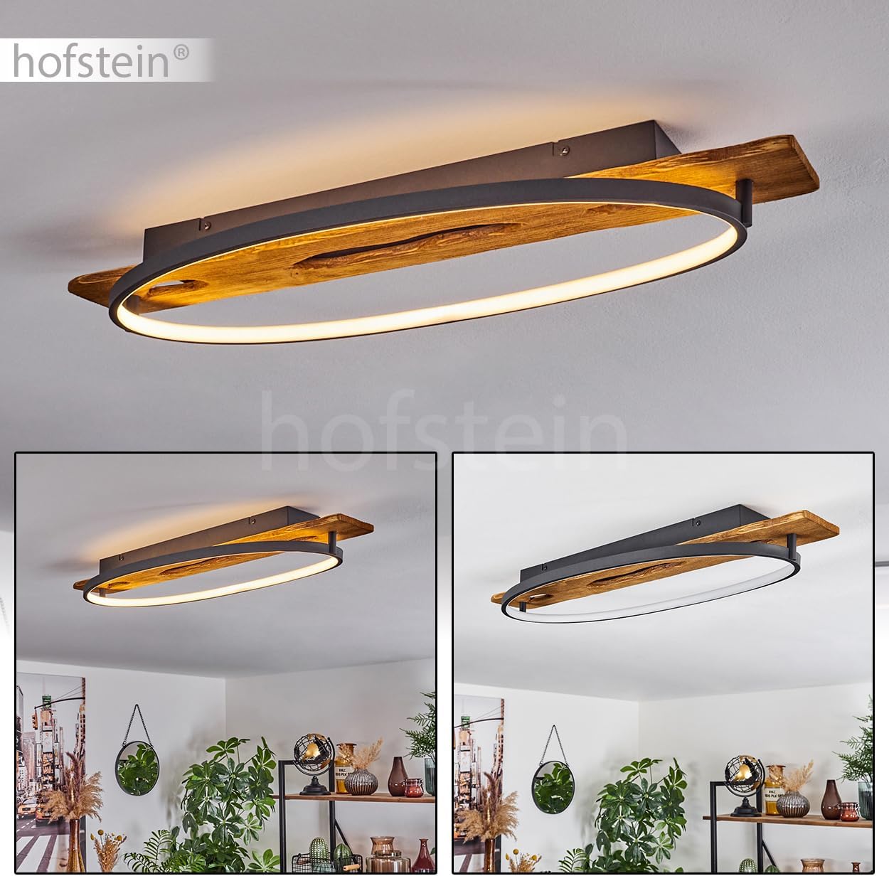 LED Deckenleuchte Nevogilde, moderne Deckenlampe aus Metall/Holz/Kunststoff in Anthazit/Natur/Weiß, Leuchte 1-flammig im skandinavischen Design mit Holzbalken, 2400 Lumen, 3000 Kelvin, LED 20 Watt