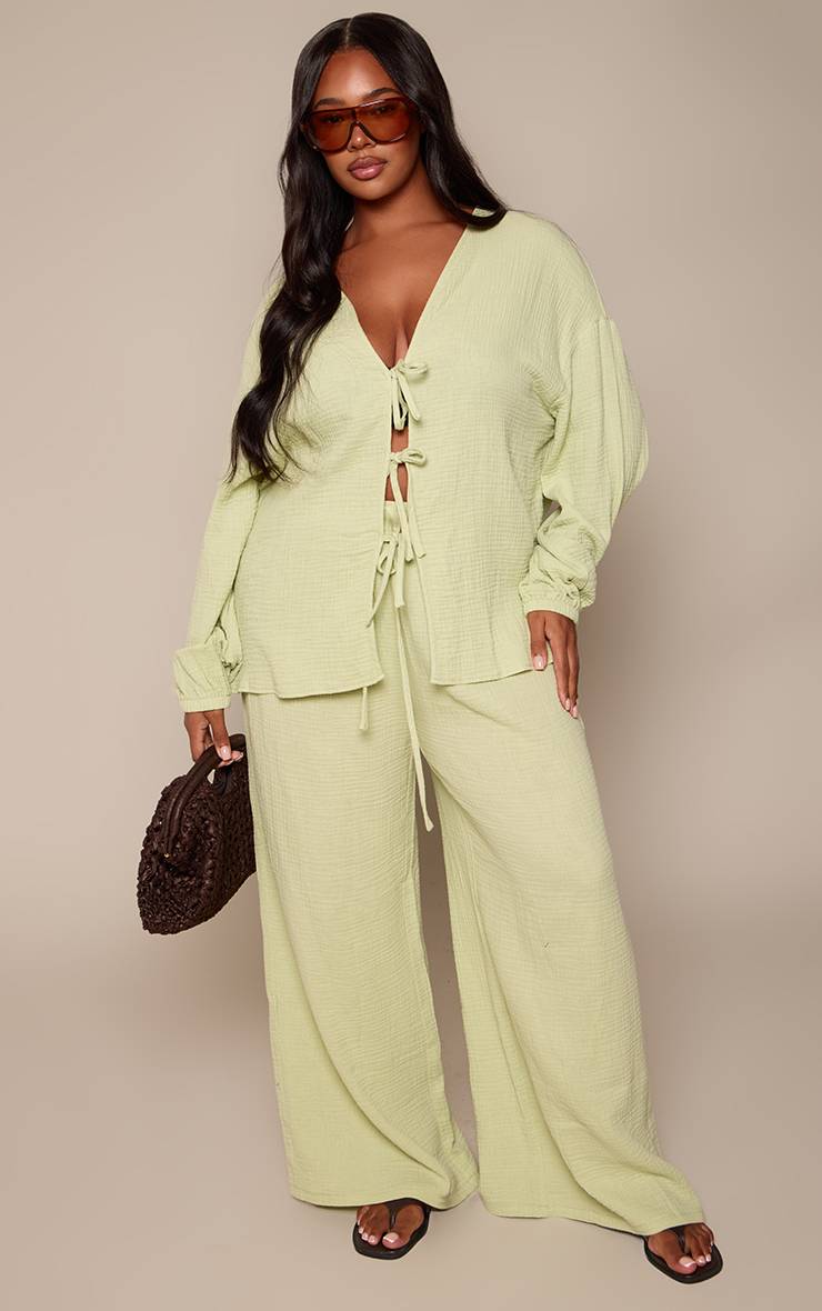 Vert Sauge Pantalon Large En Gaze Texturée Grande Taille Ensemble Coordonné