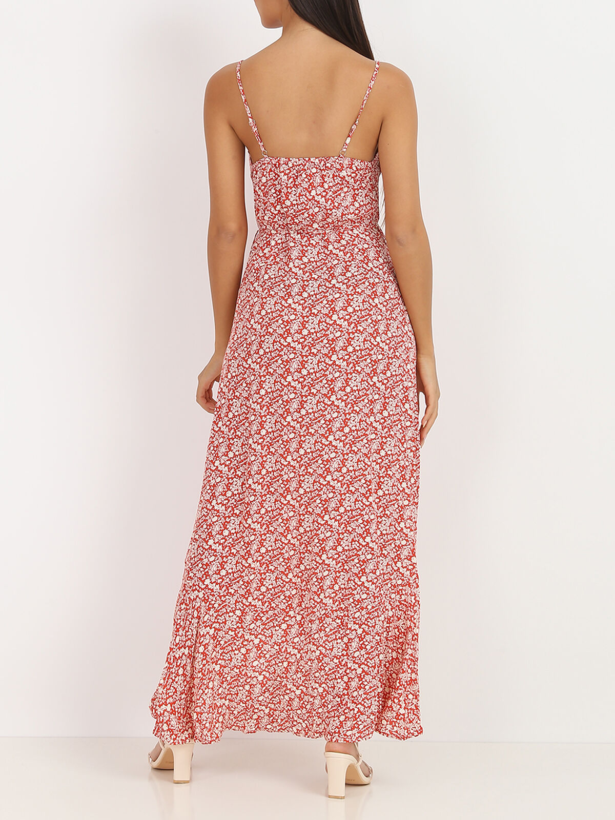 Robe longue fleurie à boutons- Rouge