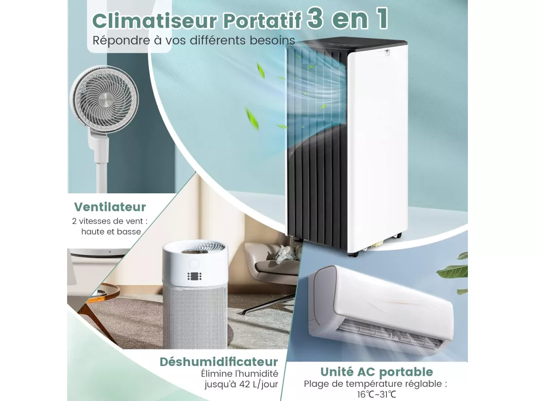 Climatiseur Mobile Silencieux 9000BTU 4 en 1 [Classe énergétique A] Contrôle APP avec Refroidisseur Ventilateur Déshumidificateur Mode Veille Minuterie 24H
