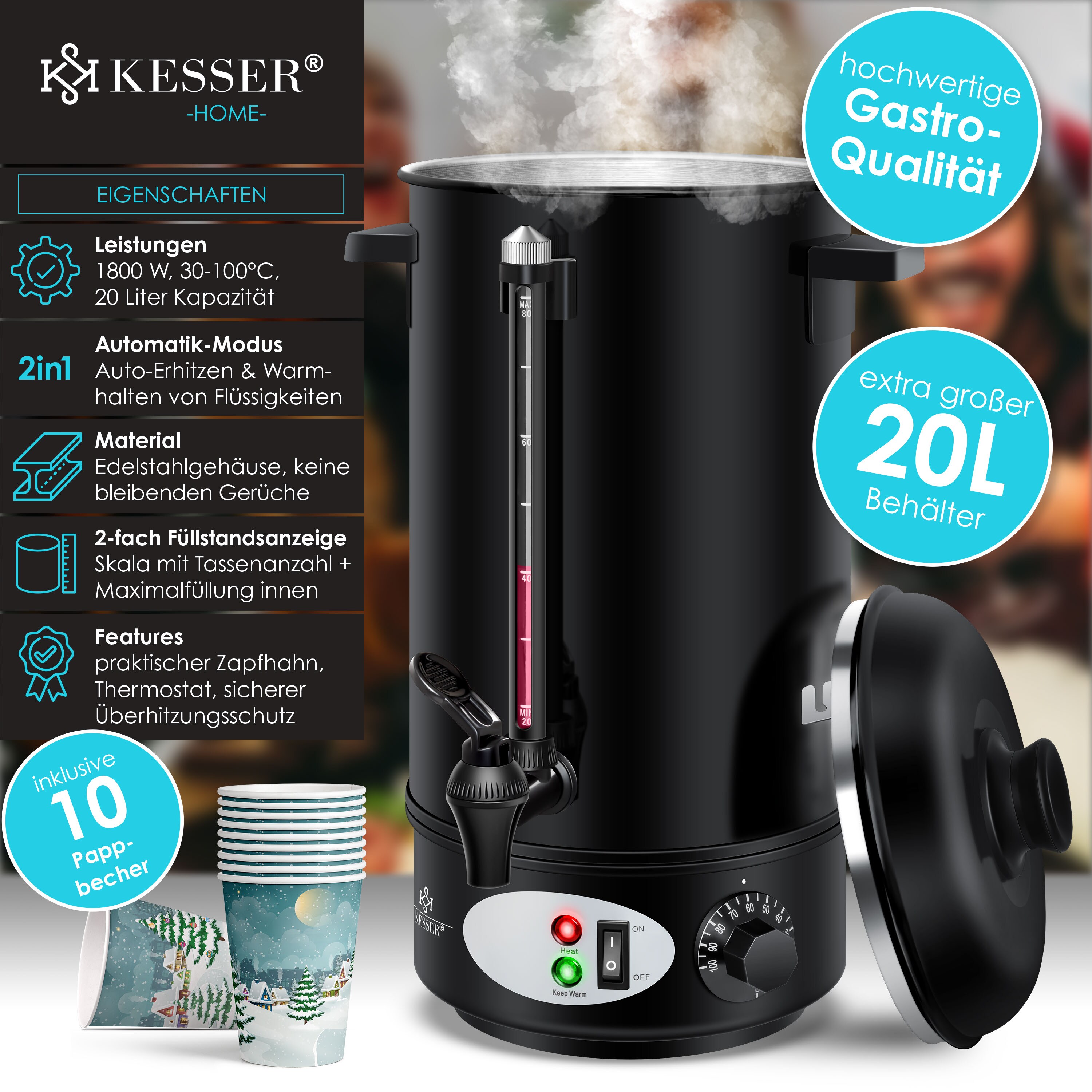 KESSER® Glühweinkessel Edelstahl Glühweinkocher Glühweinautomat Heißgetränkeautomat Wasserkocher Heißwasserspender Kocher Einkochautomat
