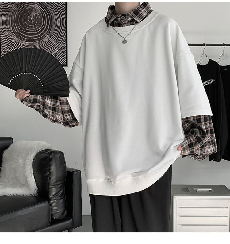 Cowpow - Sweatshirt met kraag en imitatie-tweedelig geruit paneel