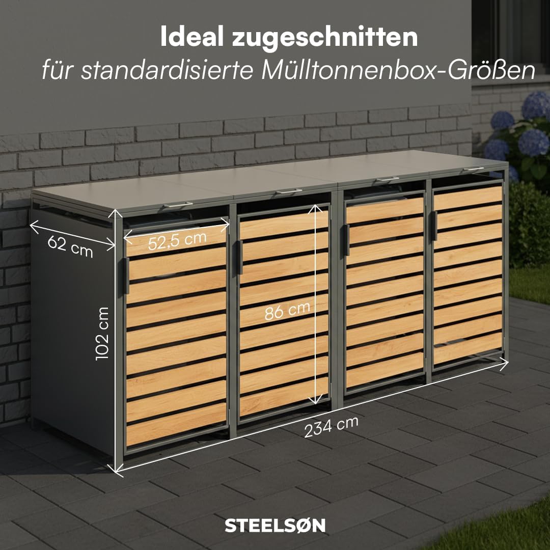 STEELSØN Kestra Mülltonnenbox 4er bis 120L – Mülltonnenverkleidung aus Stahl mit Sichtstreifen in Holzoptik – hochwertige Müllcontainer für 4 Tonnen – Müllbox in Anthrazit – Gerätebox wetterfest