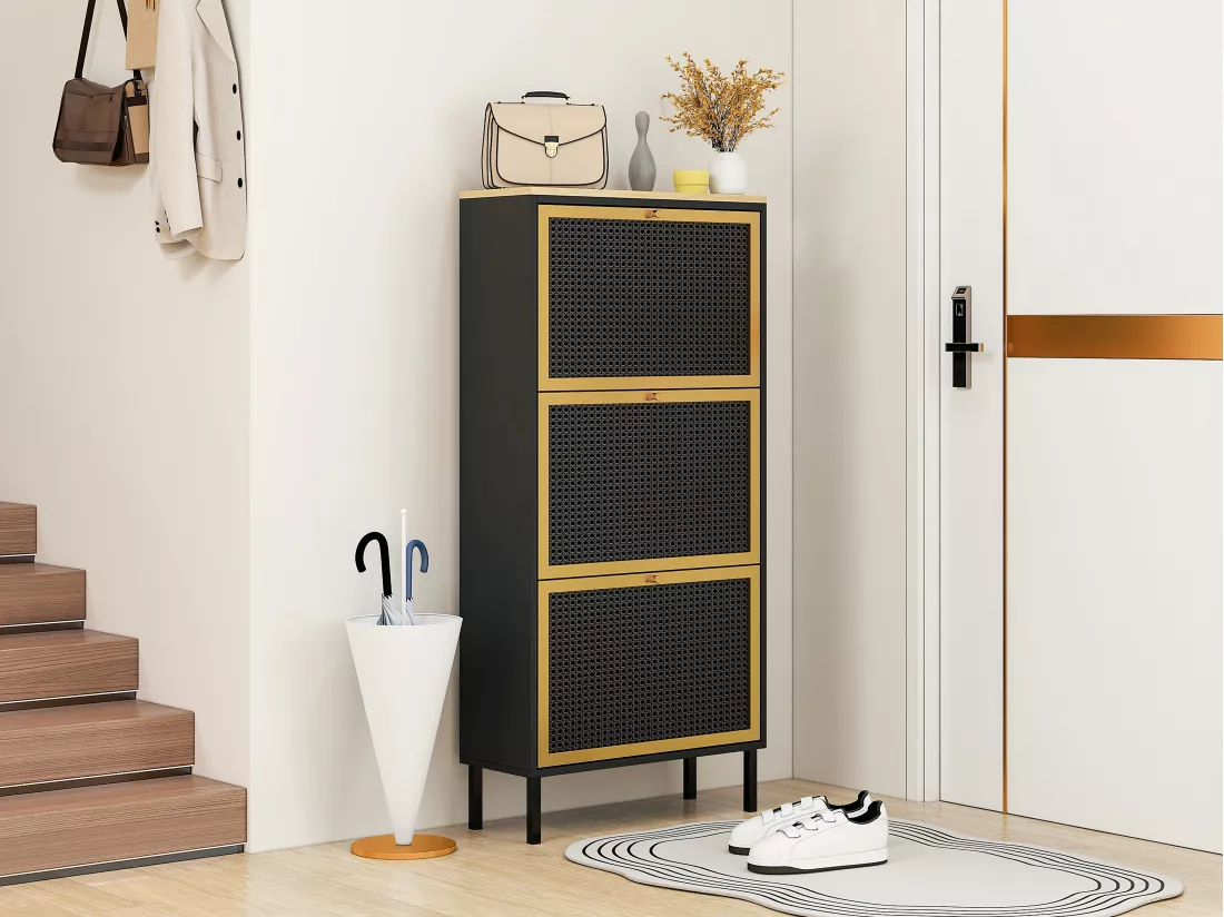 Haobosic - Meuble à chaussures avec trois portes et structure en métal tissé rotin, double étagère à chaussures, 60 cm, avec panneau arrière,noir