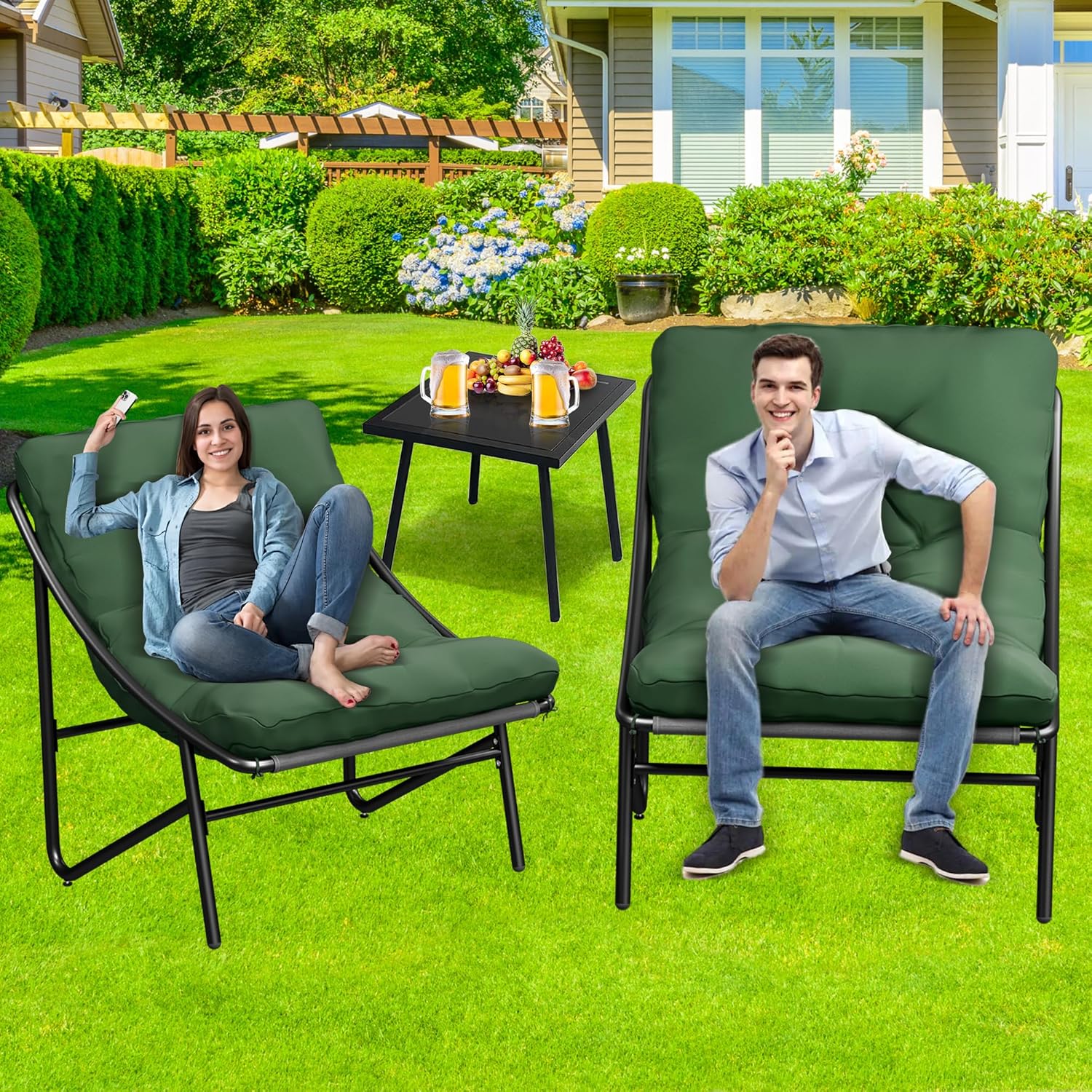 BalkonmöBel Set 3 Teilig, Gartenmöbel Set, Balkonmöbel Kleiner Balkon, Balcony Furniture mit Glastisch & Stahlgestell, Balkon Set 2 Personen, Garden Furniture Sets für Hof, Terrasse, Innen (Grün)