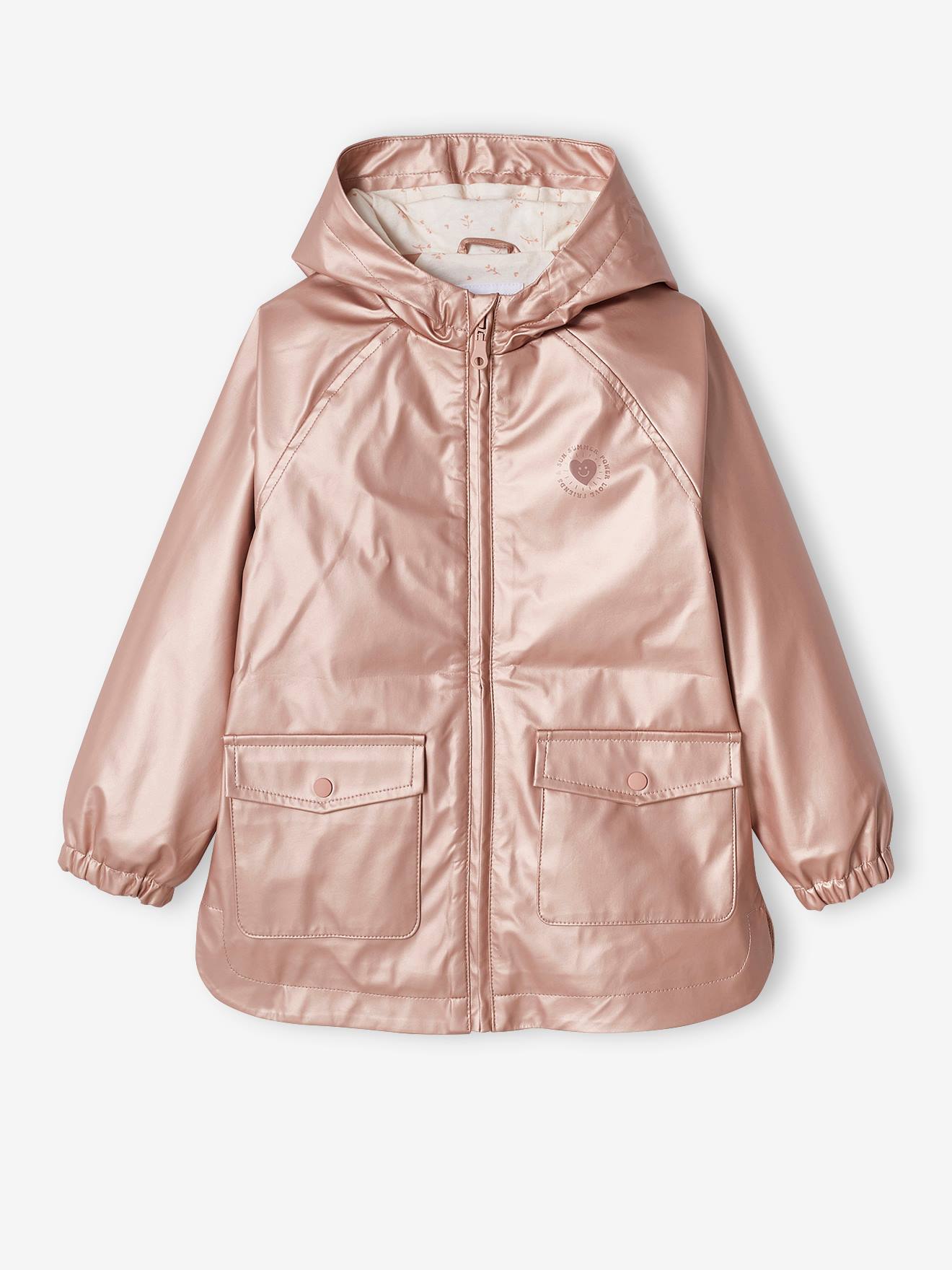 Capa de chuva rosa metálica com capuz para meninas