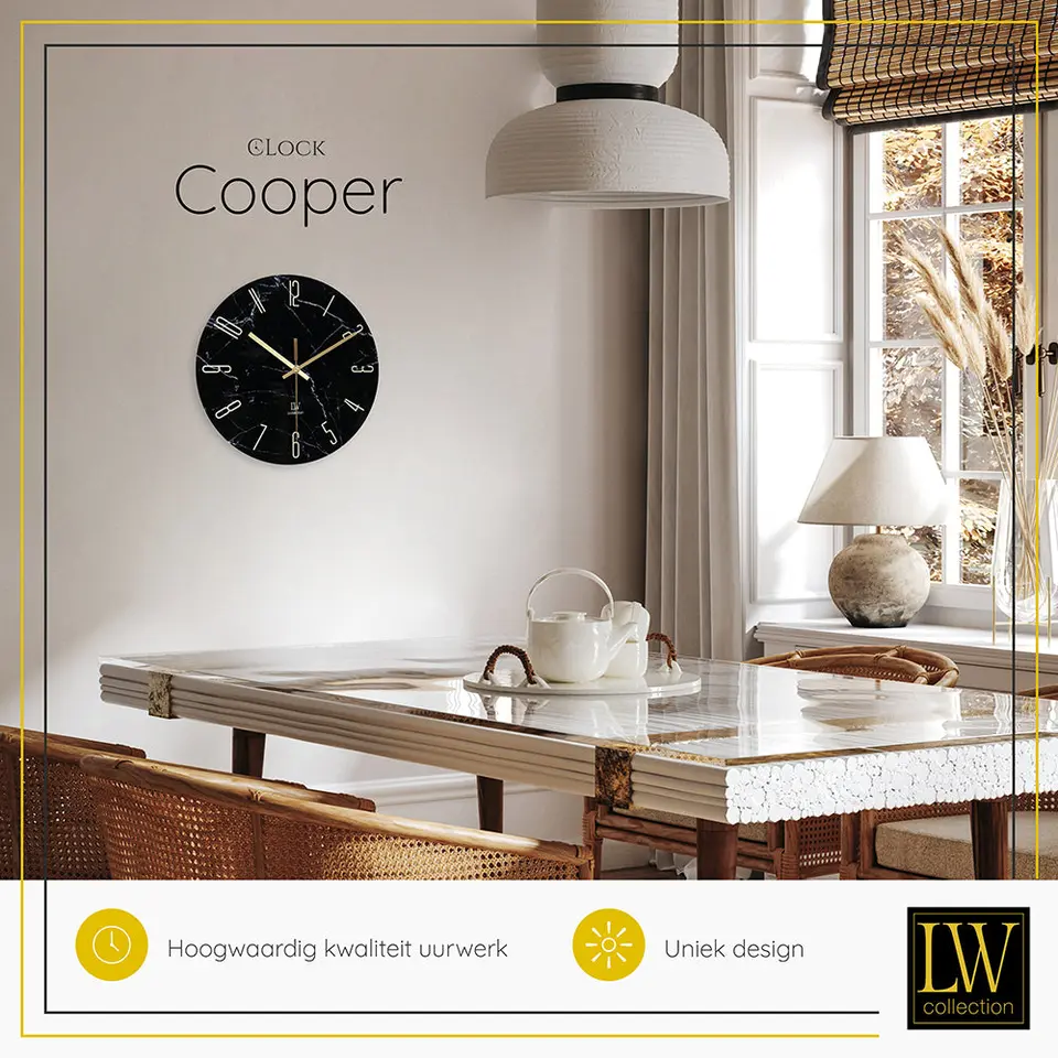 LW Collection Keukenklok Cooper zwart marmer 30cm