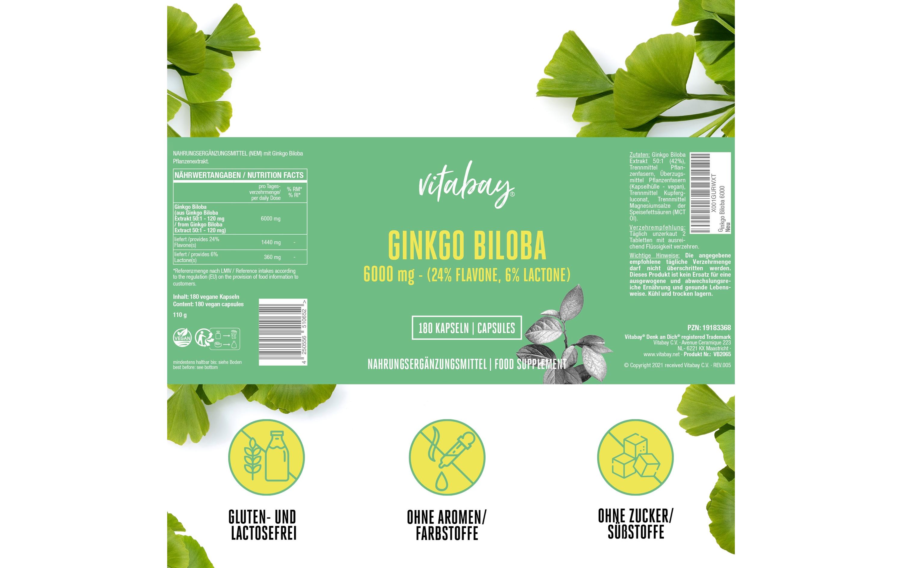 Ginkgo Biloba vegan 180 KapselnVeganes Nahrungsergänzungsmittel mit Ginkgo Biloba Pflanzenextrakt
